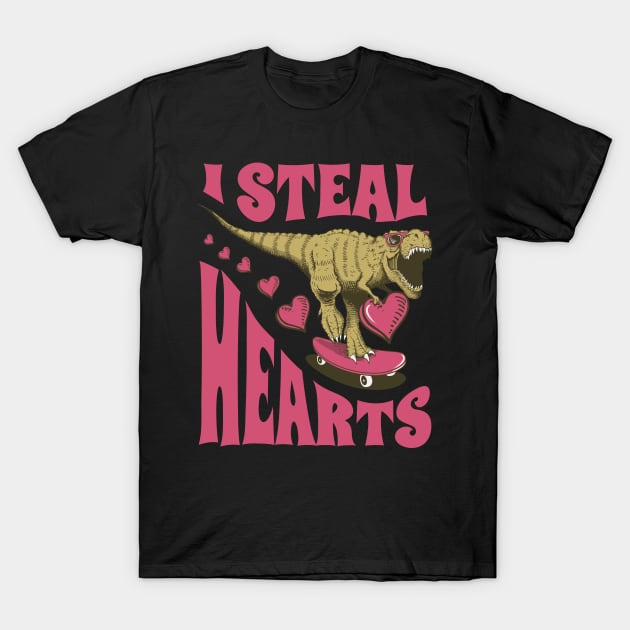 I Steal Hearts Valentines Day Dinosaur T-Rex T-Shirt by aneisha